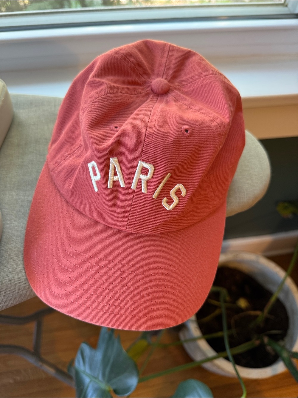 Anthropologie PARIS Embroidered Baseball Cap - Coral